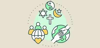 Illustration with symbols of various faiths and two hands reaching out to each other over a globe.