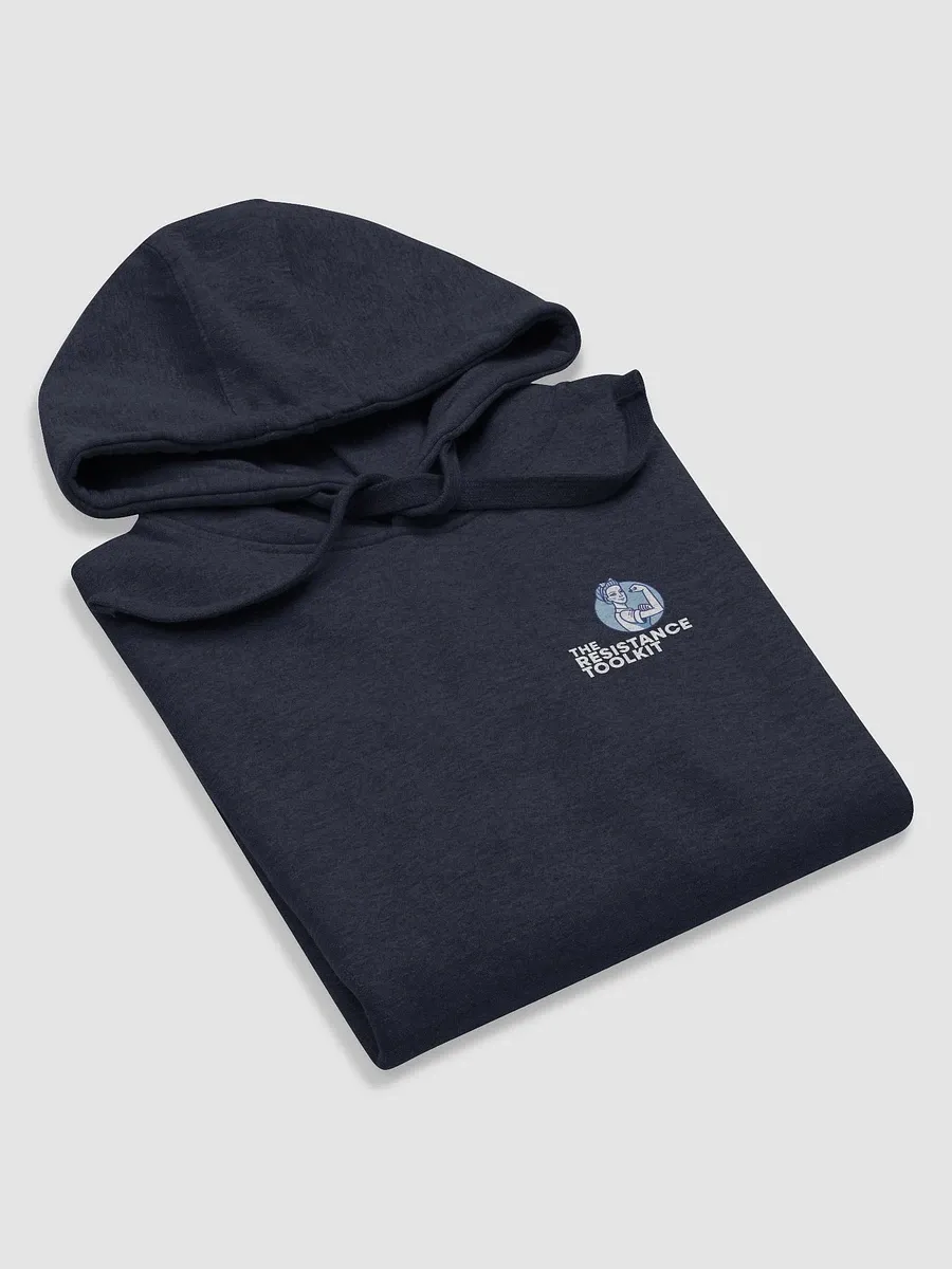 Dark navy blue hoodie with our Rosie mascot and The Resistance Toolkit printed on the chest by the left sleeve.