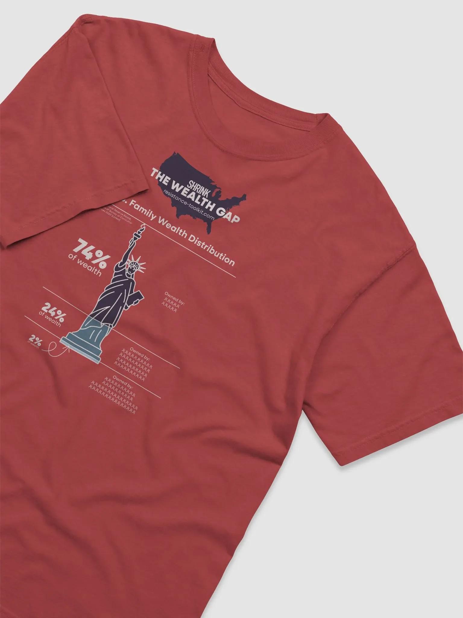 Red tee-shirt with a design showing a stylized chart depicting the U.S. Family Wealth Distribution.